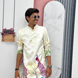 Men&#39;s Dola Silk Kurta: Mill Print Indian Ethnic Wear, Fully Stitched
