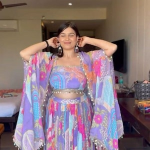 Floral Print Chinon Silk Lehenga Set: Unstitched Blouse, XXL