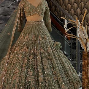 Sequin Net Lehenga Set: Semi-Stitched Indian Bridal Dress - Upto Size 44