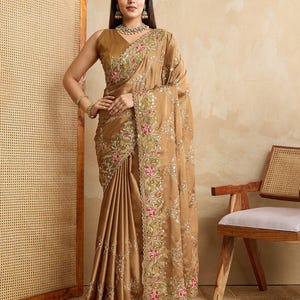 Embroidered Rangoli Silk Saree: Indian Wedding Sari with Blouse