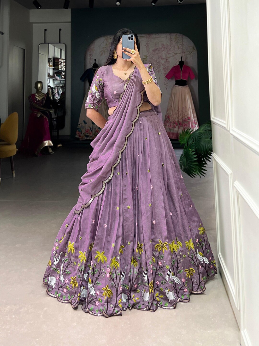 Premium Vichitra Silk Lehenga, Blouse & Dupatta – Sequins & Thread Embroidery
