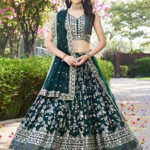 Green Dola Silk Lehenga Set: Zari Sequin Embroidery, Festive Indian Wear