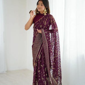 Georgette Silk Saree: Foil Work & Lace Border, Unstitched Blouse