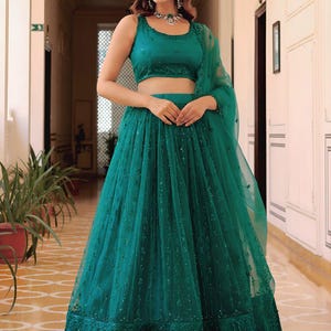 Sequin & Pearl Embroidered Lehenga Choli: Soft Net Bridal Party Outfit