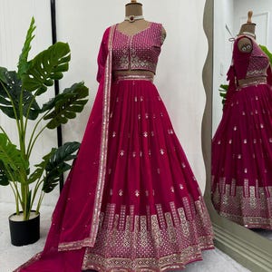 Semi-Stitched Tabby Organza Lehenga Choli Set: Thread & Sequins, Size 44