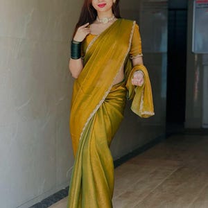 Golden Cotton Saree with Handwork Lace Blouse - Simri Fendy Design