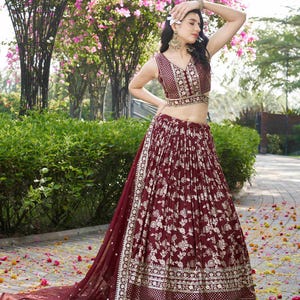 Maroon Dola Silk Lehenga Choli: Zari Sequin Embroidery, Organza Dupatta