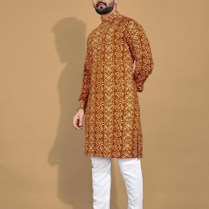 Men&#39;s Foil Print Cotton Kurta: Soft Festive Ethnic Wear (Sizes M-4XL)