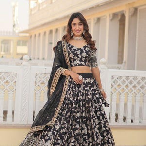 Sequin Embroidered Viscose Jacquard Lehenga with Unstitched Blouse