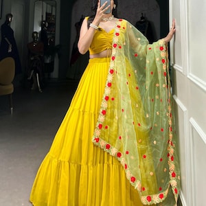 Georgette Lehenga Choli Set: Embroidered Organza Dupatta, Stitched Blouse