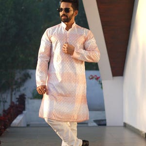 Embroidered Cotton Kurta Pajama Set: Shaded Print Indian Menswear