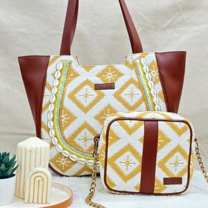 Sunny Side Up Crescent Bag Combo, Mustard & Beige Stardust Sparkle Box Sling, Vielseitige Crossbody und Tote, langlebiges und stilvolles Geschenkset