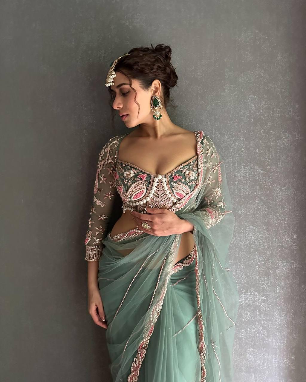 Butterfly Net Saree: Embroidery Pearl Lace Border, Unstitched Silk Blouse