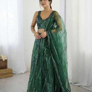Rainbow Sequin Net Lehenga Set: Dori Embroidery, Semi-Stitched Skirt