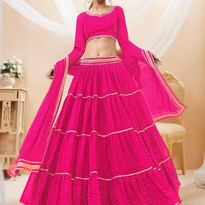 Pink Leheriya Georgette Lehenga Choli Set: Lace Bridal Outfit with Dupatta