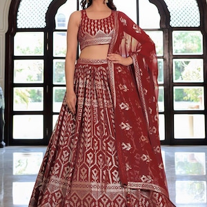 Maroon Georgette Lehenga Choli: Golden Sequins Embroidery, Festive Wedding Wear