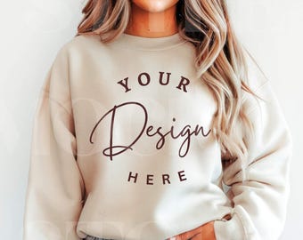 Gildan 18000 Sand Sweatshirt Mock up, G180 Sand Sweater Mockup, Trendy Simple Light Beige Sweatshirt Mockup, Digital Download