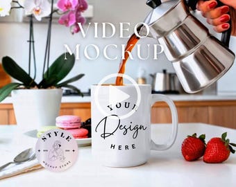 15oz White Mug Mockup Video: Cottagecore Kitchen Scene (Printify)