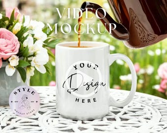 15oz White Mug Mockup Video: Summer Cottagecore Scene (MP4 & PNG)