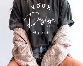 Pepper Comfort Colors 1717 Shirt Mockup, Dark Grey TShirt Mockup, C1717 Pepper Tee Mock, Trendy Woman T-Shirt Mock-up, Digital Download