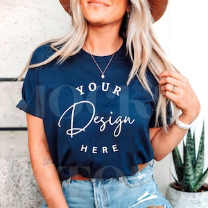 Navy Bella Canvas 3001 TShirt Mockup, BC3001 Navy T-Shirt Mock-up, Navy Tee Mockup, Trendy Boho Dark Blue Woman&#39;s Shirt Mock up