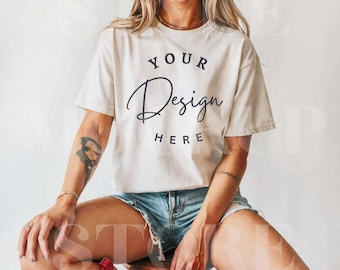 Ivory Comfort Colors 1717 TShirt Mockup, C1717 Ivory Shirt Mock-up, POD Ivory T-Shirt Mockup, Trendy Woman Cowgirl Western Tee Mockup
