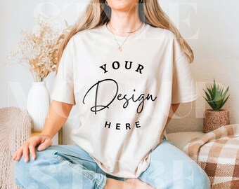 Natural Gildan 5000 T-Shirt Mockup, G5000 Natural Shirt Mock-up, Light Beige Tee Mock, Oversized Woman TShirt Mockup, Digital Download