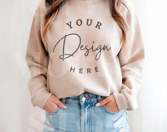 Gildan 18000 Sand Sweatshirt Mockup: Unisex Heavy Blend (Digital Download)