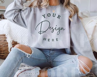 Gildan 18000 Ash Sweatshirt Mockup: Unisex Crewneck (Digital Download)