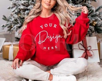 Gildan 18000 Christmas Red Sweatshirt Mockup, G18000 Red Sweater Mock-up, Trendy Cozy Winter Woman's Mock-up (Digital Download)