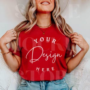 Comfort Colors 1717 Red TShirt Mockup, C1717 Red Shirt Mock-up, CC1717 Red T-Shirt Mock Up, Red Tee Mocks, POD Boho Printify Woman Tee Mock