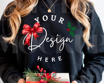 Gildan 18000 Black Christmas Sweatshirt Mock-up, Xmas G18000 Black Sweater Mock, Trendy Festive Sweatshirt Mock up, Digital Download