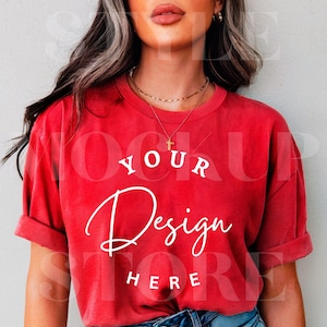 Comfort Colors 1717 Red TShirt Mockup, C1717 Red Shirt Mock-up, Trendy Boho Woman Red T-Shirt Mock, Oversized Red Tee Mockups