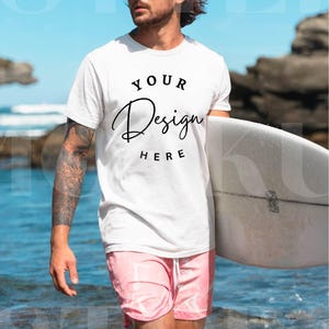 White Man Comfort Colors 1717 TShirt Mockup, C1717 White Shirt Mock-up, White 1717 Male T-Shirt Mockup, Trendy Summer Surfing Man Tee Mockup