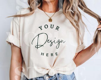 Bella Canvas 3001 Natural Shirt Mockup, BC 3001 Natural T-shirt Mock, Trendy Spring Summer Fall Boho Aesthetic Tshirt, Instant Download