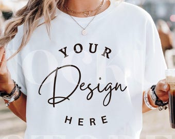 White Comfort Colors 1717 TShirt Mockup, C1717 White Woman T-Shirt Mock-up, Trendy Boho Festival Shirt Mock up, POD Oversized Tee Mockups