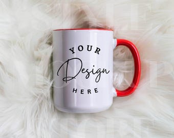 15oz Red Accent Mug Mockup, 15oz Printify White Coffee Cup With Red Handle Mock-up, Digital Download