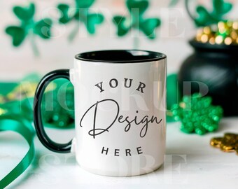 St. Patrick's Day Mug Mockup: 15oz White Mug with Black Handle (PNG Digital File)