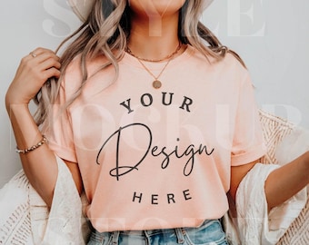 Comfort Colors 1717 Peachy TShirt Mockup, C1717 Peachy Shirt Mock, CC1717 Pale Peach Tee Mock-up, POD Trendy Boho Summer T-Shirt Mock
