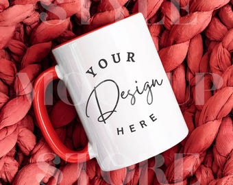 White Mug with Red Handle Mockup: 11oz Coffee Cup (Digital Download)