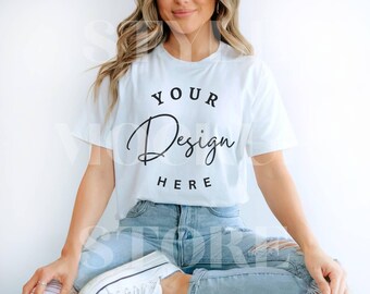 Maqueta de camiseta blanca Gildan 5000: Camiseta unisex de algodón grueso (descarga digital)