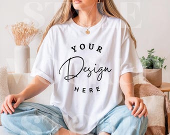 White Gildan 5000 T-Shirt Mockup, White Crewneck Oversized TShirt Mock-up, G5000 White Tee Mock, Digital Download