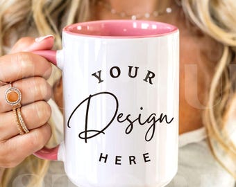 Mug Mockup: White 15oz Mug with Pink Handle (PNG Digital File)
