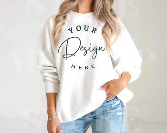 Gildan 18000 White Sweatshirt Mockup: Unisex Heavy Blend (Digital Download)