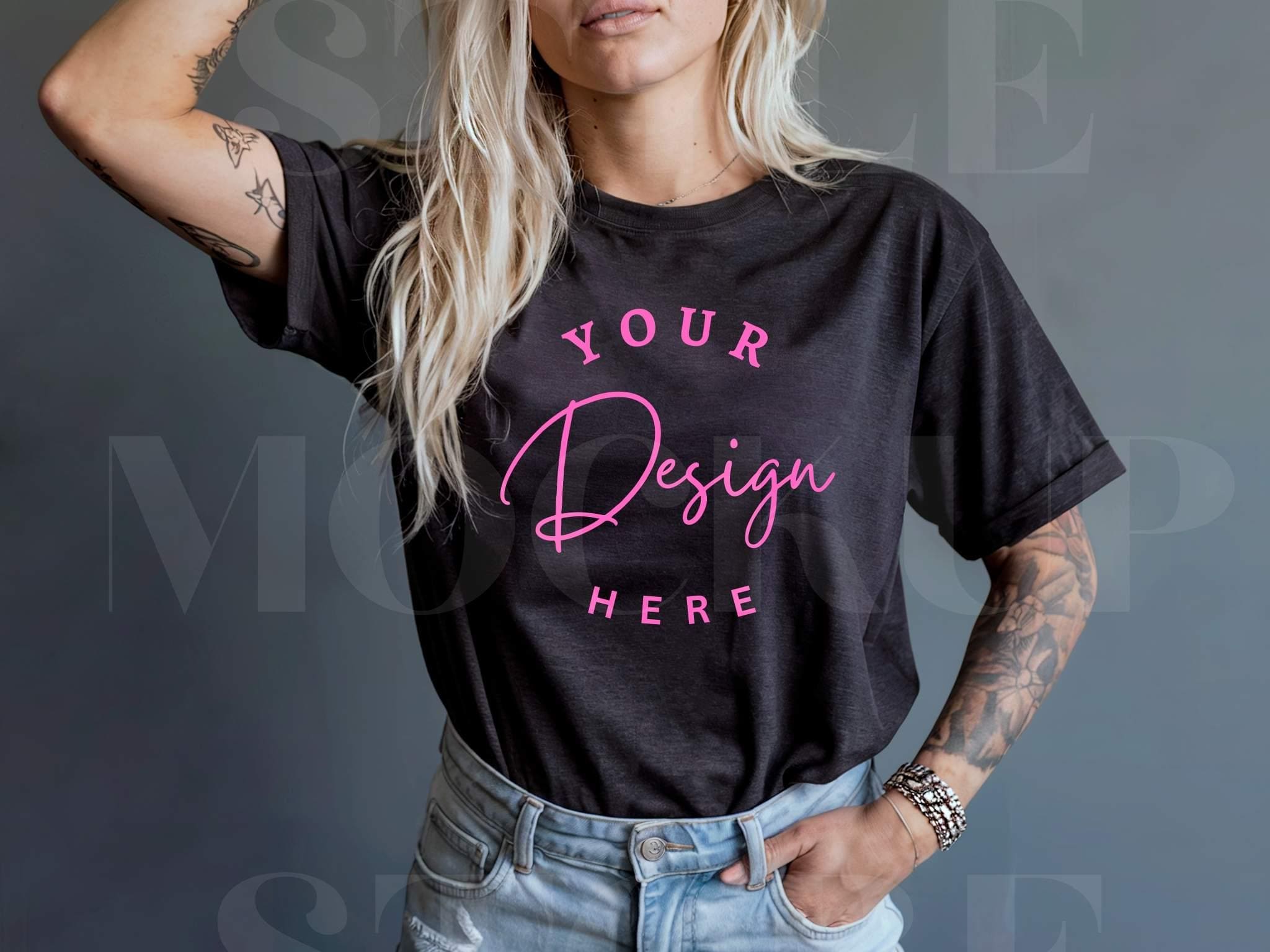 Black Bella Canvas 3001 TShirt Mockup, BC3001 Black Shirt Mock-up, 3001 Tee Mockups, Trendy Alternative Woman Model Tattoos T-Shirt Mockup