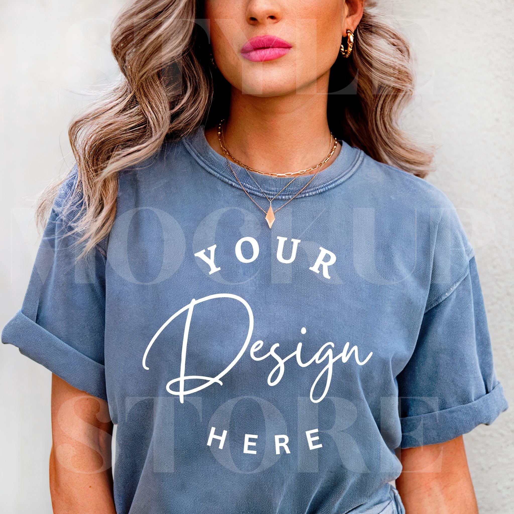 Comfort Colors C1717 Blue Jean Shirt Mockup, C1717 Blue Jean TShirt Mock-up, Trendy Boho Woman Blue T-Shirt Mock, Oversized Tee Mockups