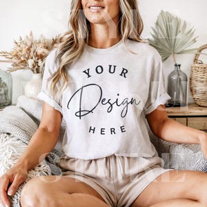Ash Bella Canvas 3001 Shirt Mockup, BC3001 Ash TShirt Mockup, Ash T-Shirt Mockup, Trendy Woman Boho Tee Mock-up, POD Light Grey Shirt Mockup