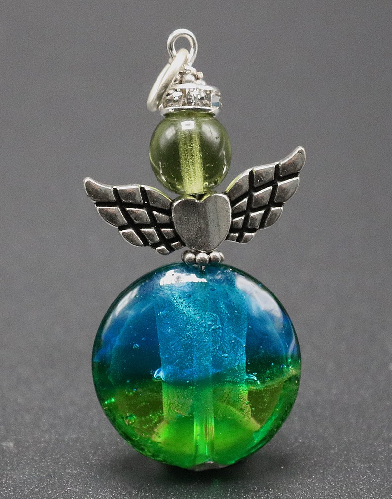 Tiny Beaded Angel Charm Pendant Blue Green Murano Foil Glass Bead