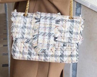 Chic Beige Tweed Shoulder Bag, Quilted Tartan Plaid Handbag, Gold Chain Strap