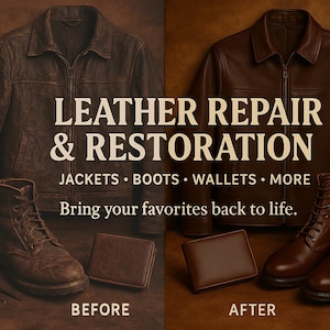May include: An advertisement for leather repair and restoration services. The image shows a before-and-after comparison of leather jackets, boots, and wallets. Text reads "LEATHER REPAIR & RESTORATION" and "Bring your favorites back to life."